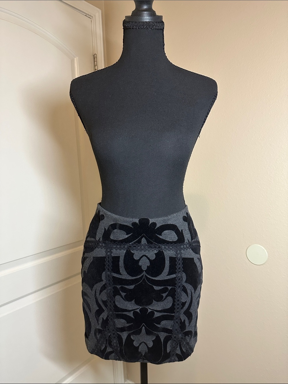 Free People Black Velvet Burnout Mini Skirt with Damask Pattern